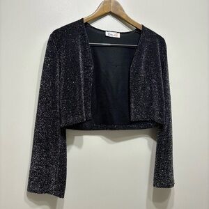Vintage M Studio Metallic Sparkly Open Front Crop Cardigan Shrug Top Black